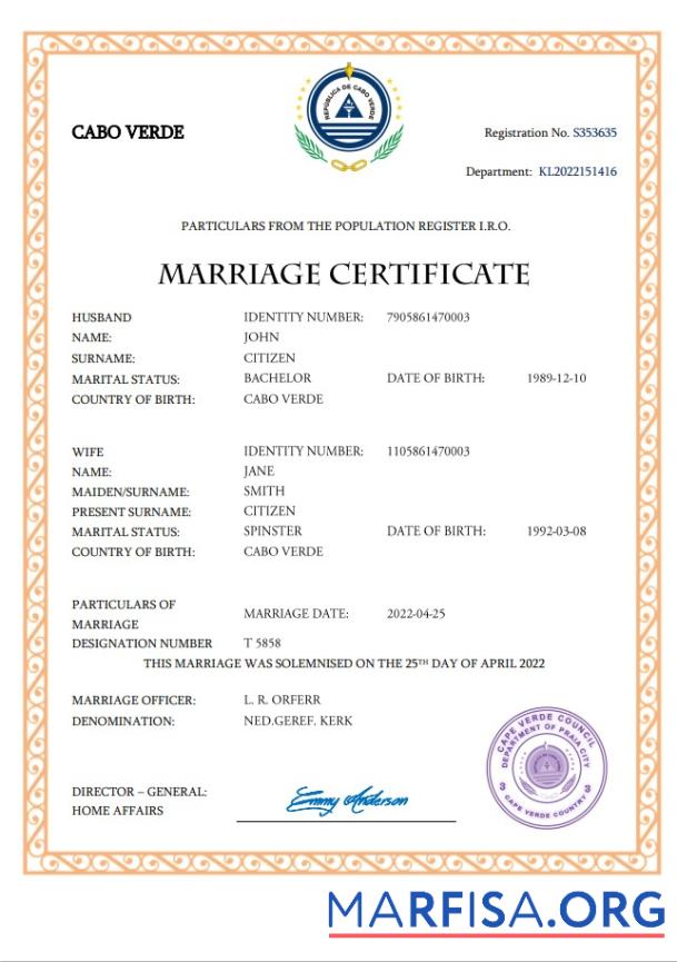 Blank Cabo Verde marriage certificate Word and PDF template